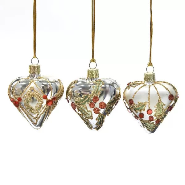 Glass Mini Jewel Holly Heart Ornament 3 Assorted L 21728^Goodwill Best